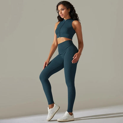 2PCS Seamless Women Yoga Zipper Suit - Ngu activewear